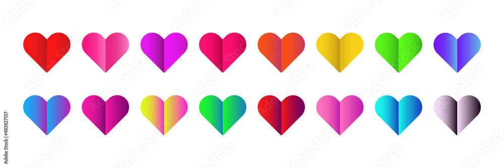 Vector set of origami hearts with different easy to change gradient colors on the white background. Concept of Valentine's Day.