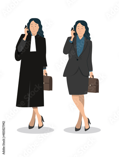 illustration représentant une magistrate, avocat, juge ou femme de loi, en robe et en civil. Elle travaille au ministère de la justice photo