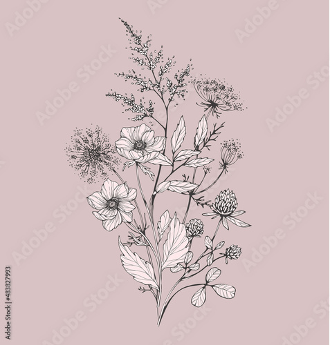 Trendy floral branch and minimalist flowers for logo or decorations. Hand drawn line wedding herb, elegant leaves for invitation save the date card. Botanical rustic trendy greenery