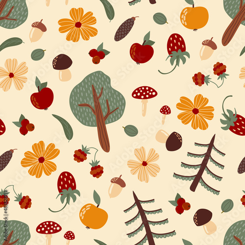 Hand-drawn seamless pattern. Christmas trees, trees, flowers, apples, mushrooms, cones, berries. Design for fabric, textile, wallpaper, packaging. 