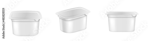 Realistic yogurt, ice cream or sour creme package. 3d mockup of plastic container with foil lid