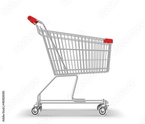 Empty shopping trolley. Metal wire cart for mall, supermarket or hypermarket goods carrying