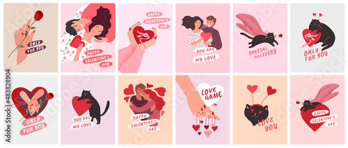 Set of Romantic Valentines Day greeting card or poster. Cat give heart, hands and couple in love. Flyers, invitation, brochure. Vector cartoon design