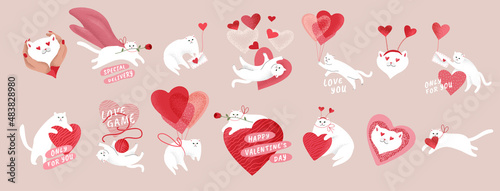 Cute cats in love. Romantic Valentines Day set for greeting card or poster. Cat give heart, kitten in hands, hero cat with rose, flying cat on balloon. Flyers, invitation. Vector concept