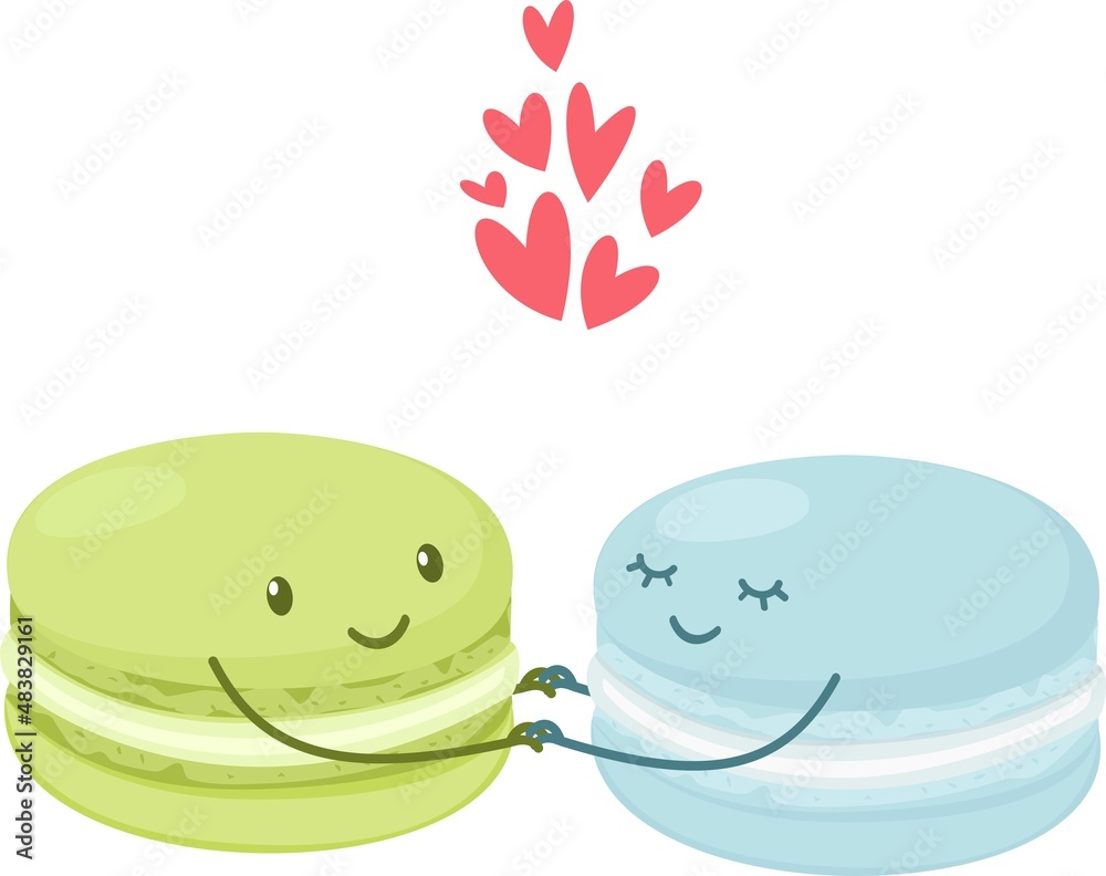 Macaroons in love hugging. Illustrations for valentine's day. Cute cakes with eyes and handles Macaroons in love hugging. Illustrations for valentine's day. Cute cakes with eyes and handles