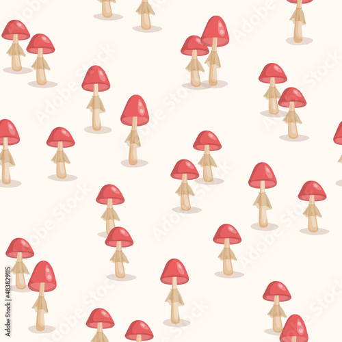 Seamless pattern with mushrooms on white background. Cute fairy mushroom. Modern vector illustration for packaging, banner, card, fabric, other design. Food concept