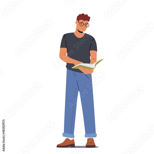 Young Man Student in Glasses Stand with Book in Hands Isolated on White Background. Male Character Bookworm Reading