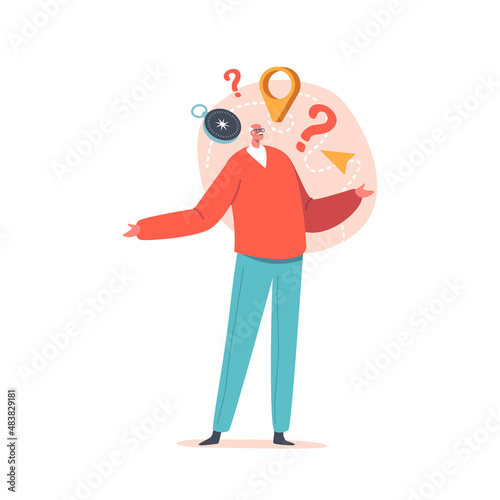 Senility Dementia Concept. Confused Old Male Character Forget Address and Lost in the City Isolated on White Background