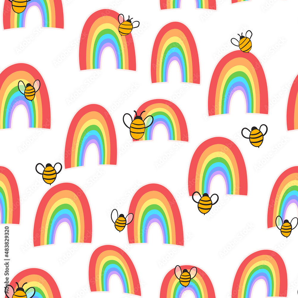 Seamless pattern with bees and rainbow. Small wasp. Vector illustration. Adorable cartoon character. Template design for invitation, cards, textile, fabric. Doodle style