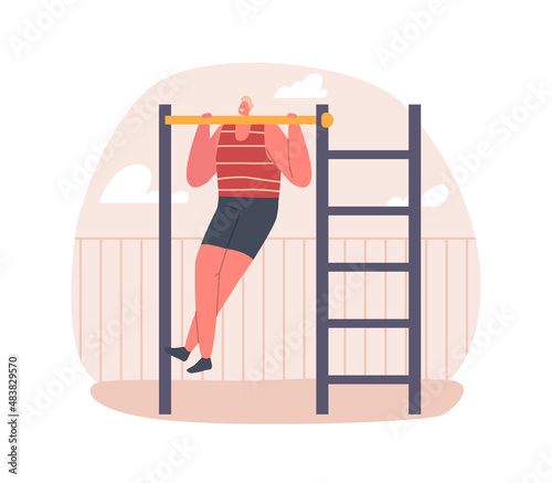 Male Character Exercising Outdoors Pull Himself Up on the Horizontal Bar, Sports Activities at Yard, Healthy Lifestyle