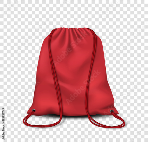 Drawstring bag, backpack or pouch mockup. Realistic red sport bag, blank canvas school knapsack
