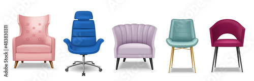 Set of realistic chairs, stools armchairs for interior design, loft, classic or luxury living room