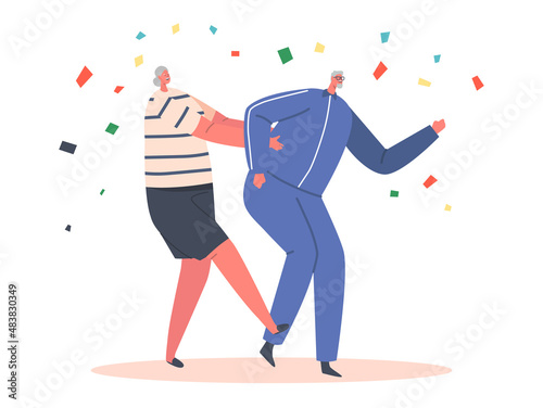 Old Characters Dance Conga, Elderly Man and Woman Stand in Row Actively Spend Time. Grandfather and Grandmothers Leisure