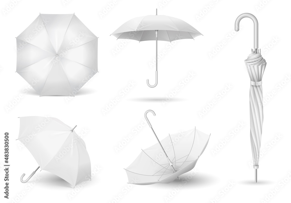 Set of white umbrellas 3d realistic design. Open and closed parasols
