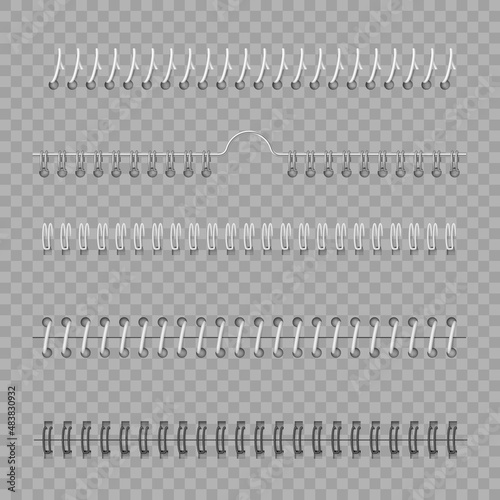 Iron wired spirals for binding notebook sheets. Mockup layout of spiral binder and ringed for paper