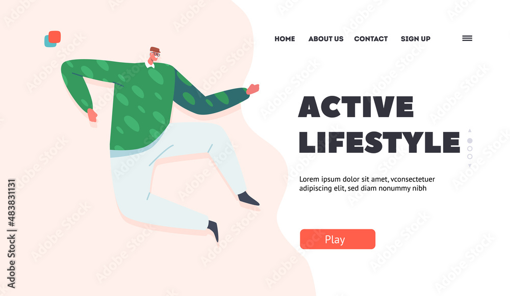 Seniors Active Lifestyle Landing Page Template. Adult Bearded Man in Casual Clothes Jump, Happy Old Male Character Fun Seniors Active Lifestyle Landing Page Template. Adult Bearded Man in Casual Clothes Jump, Happy Old Male Character Fun
