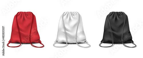 Drawstring knapsack bags, sport or school clothes and shoes backpack, realistic mockup