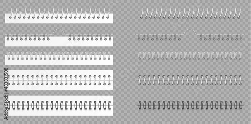 Metal binders set. Realistic spiral coils for notebook. 3d fastening sheets and sketchbook bindings