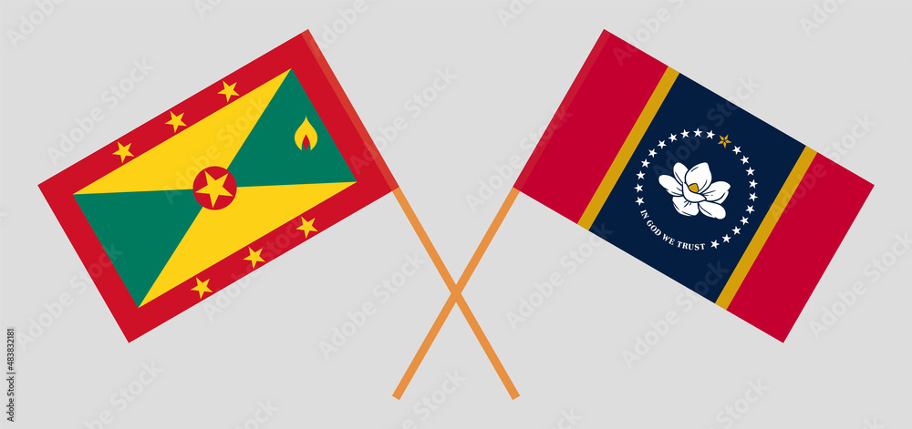 Crossed flags of Grenada and The State of Mississippi. Official colors. Correct proportion