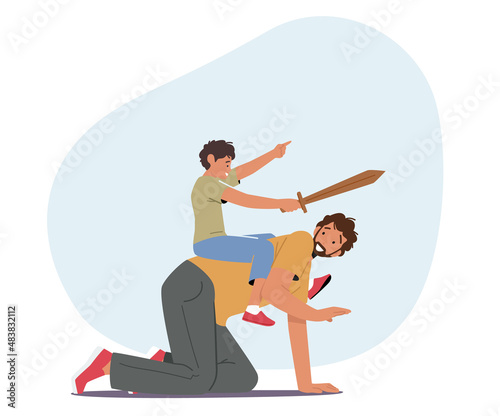 Family, Parent and Child Relations Concept. Happy Dad and Son Characters Playing, Boy with Wooden Sword Sitting on Back