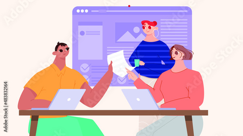 Vector of colleagues discussing a new project in the office