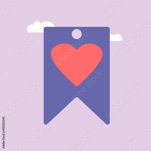 Bookmark ribbon. Label mark. Web save, add favorites sign flag.  Vector Icon with red heart. Realistic Elements for romantic design. Very peri