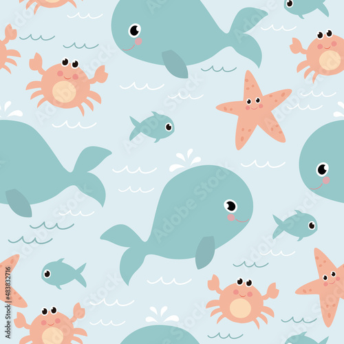 Cute sea animals. Seamless pattern with whales, crabs, starfish and fish. Kids vector illustration. It can be used for wallpapers, wrappers, cards, patterns for clothes, and others.
