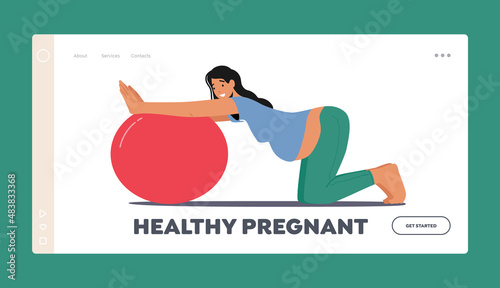 Fitness during Pregnancy Concept for Landing Page Template. Pregnant Woman Character Doing Exercises with Fitball