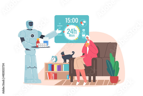 Cyborg Help Old Woman Bring Medicine Pills. Mechanical Caregiver Assist to Disabled Senior Character, Futuristic Care