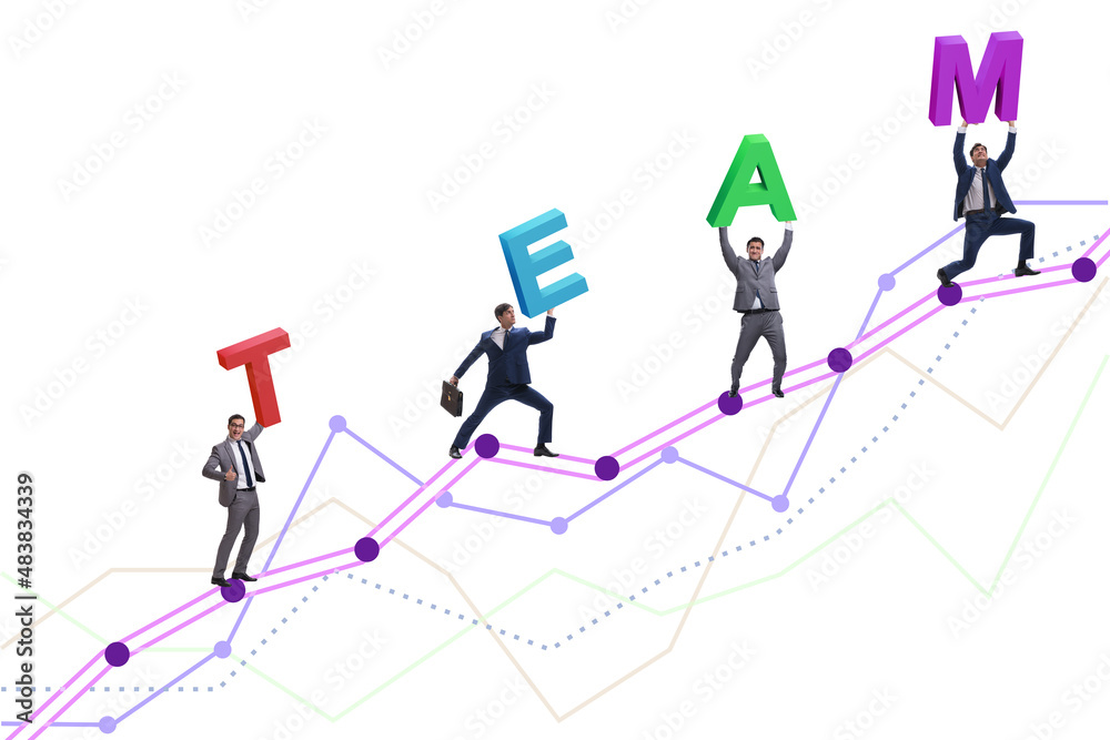 Teamwork concept with people carrying team letters Teamwork concept with people carrying team letters