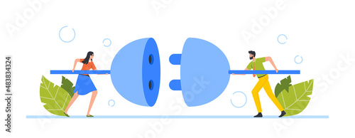 Business Connection, Partnership Concept. Tiny Businessman and Businesswoman Characters Connecting Huge Plug and Outlet