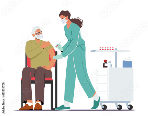 Senior Male Character Applying Vaccine against Covid Infection. Nurse Make Vaccination to Old Man in Hospital Cabinet