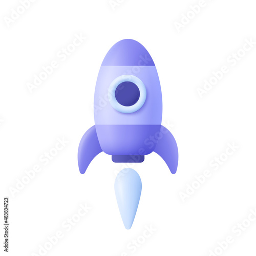 Spaceship rocket. Toy rocket upswing ,spewing smoke. Startup, space, business concept. 3d vector icon. Cartoon minimal style.