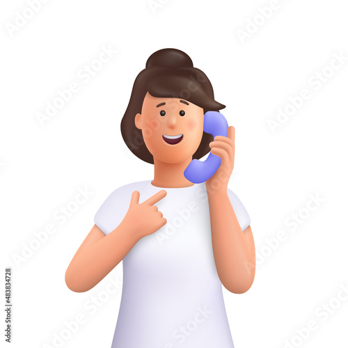 Young smiling woman Jane talking phone, calling by telephone. Communication, conversation, support concept. 3d vector people character illustration. Cartoon minimal style.