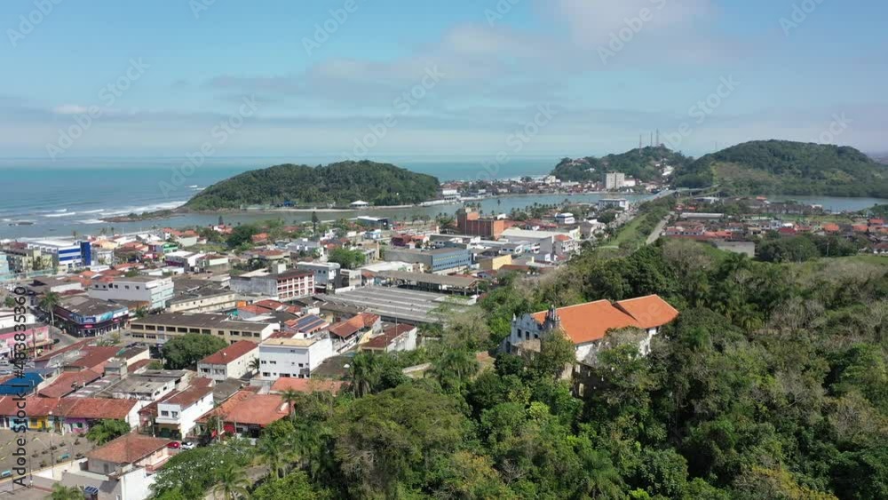 Stunning view of coastal city of Itanhaem Sao Paulo Brazil. South coast of state of Sao Paulo. Tropical scenery. Travel destinations. Vacation travel. Popular tourism landmark.