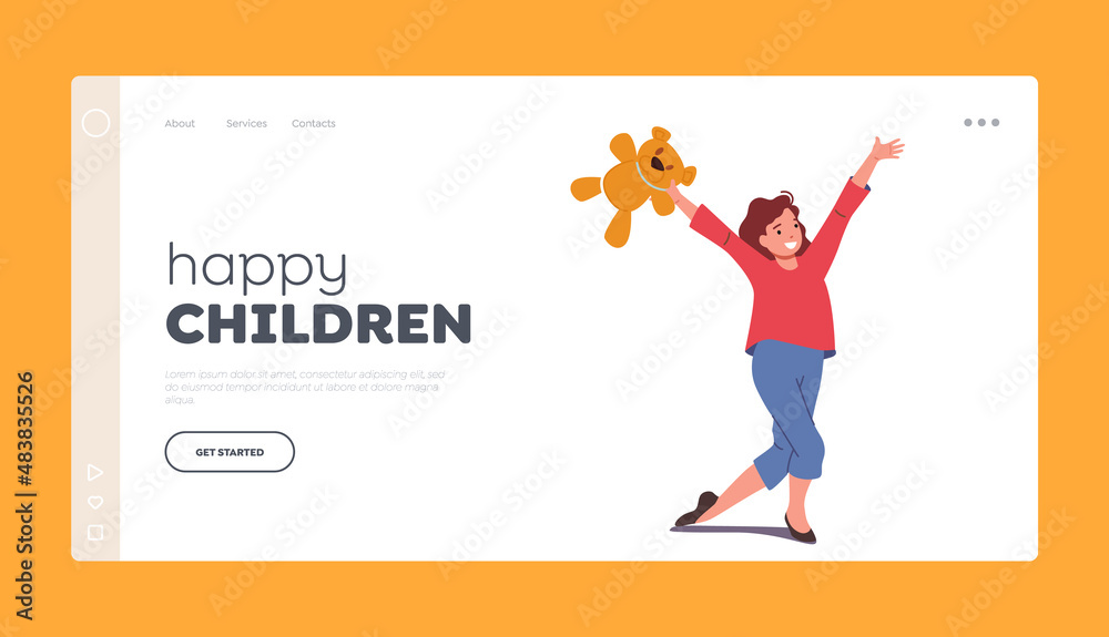 Happy Children Landing Page Template. Girl with Toy, Little Child Playing, Kid with Teddy Bear Laugh and Running Happy Children Landing Page Template. Girl with Toy, Little Child Playing, Kid with Teddy Bear Laugh and Running