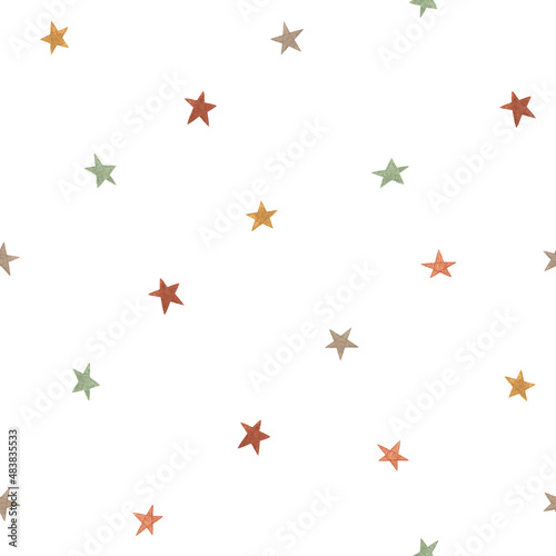 Watercolor Christmas seamless pattern. Scandinavian stars on white background. Hand made illustrations print. For design, cards, linens, wallpaper, cases design, posters, fabric, textile.