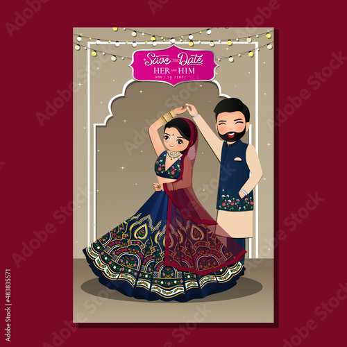 Wedding invitation card the bride and groom cute couple in traditional indian dress cartoon character. Vector illustration