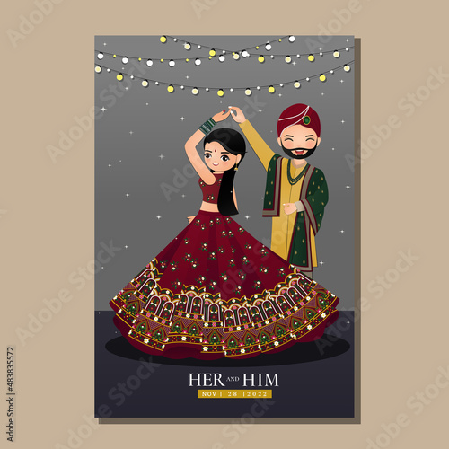  Wedding invitation card the bride and groom cute couple in traditional indian dress cartoon character. Vector illustration