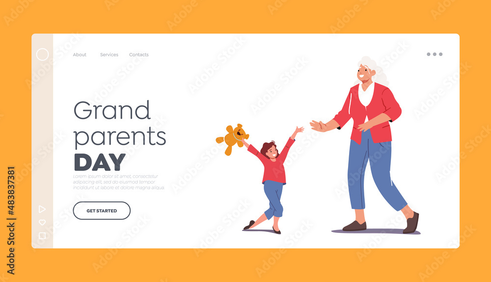 Grandparents Day Landing Page Template. Happy Grandmother and Granddaughter Characters Meeting. Kid Visit Granny