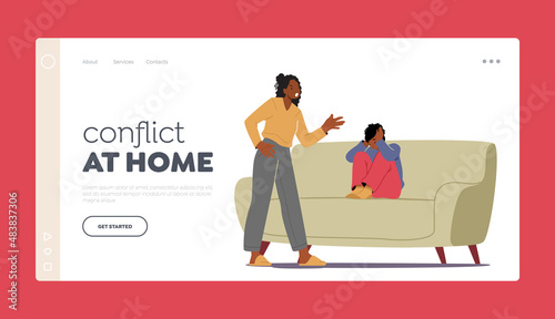Home Conflict, Quarrel Landing Page Template. Angry African Mother Character Scold Son who Closing Ears with Hands