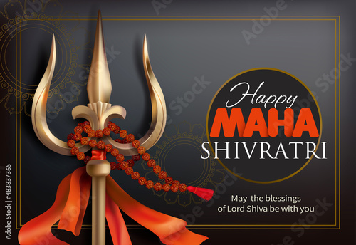 Greeting card with trishula (trident) and rudraksha (beads) for Maha Shivratri, a Hindu festival celebrated of Lord Shiva. Vector illustration.