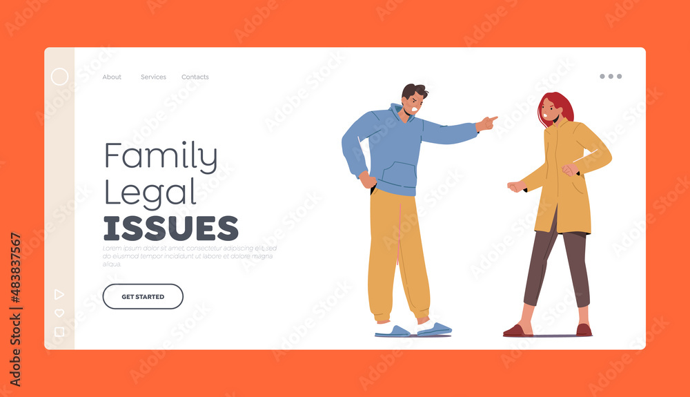 Family Legal Issues Landing Page Template. Unhappy Family Fighting. Angry Couple Arguing Shouting Blaming Each Other