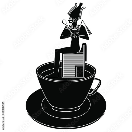 Ancient Egyptian god Osiris sitting on throne in a cup of coffee or tea. Creative beverage concept. Black and white silhouette.