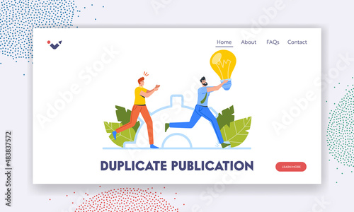 Duplicate Publication Landing Page Template. Man Run Away With Bulb in Hands. Thief or Pirate Character Stealing Ideas