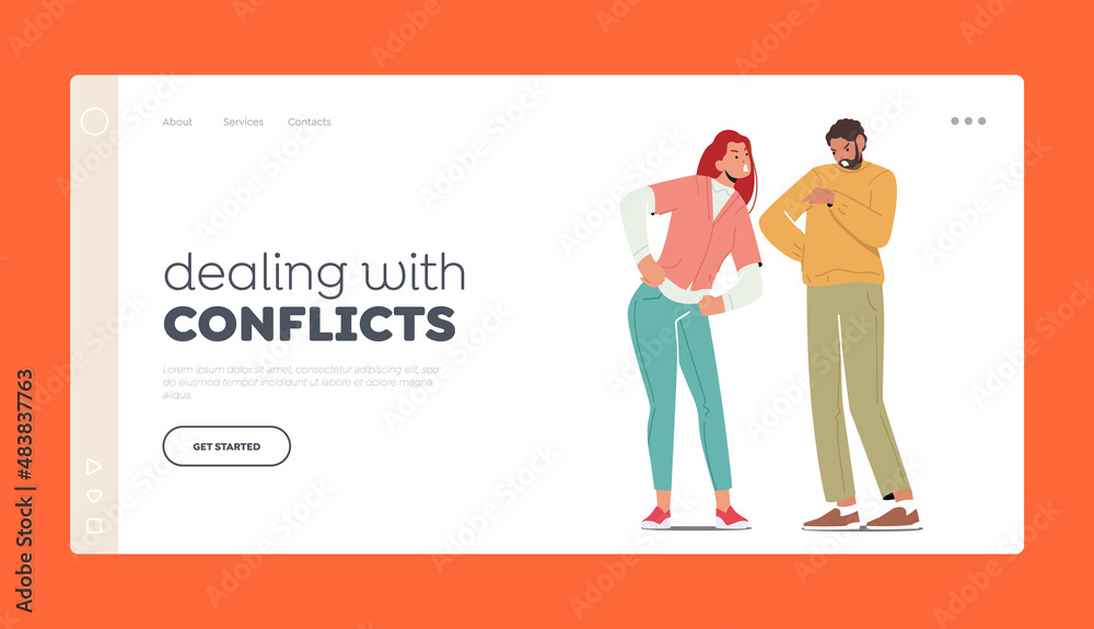 Dealing with Conflicts Landing Page Template. Angry People Fighting. Young Family Quarrel and Swear, Scandal Dealing with Conflicts Landing Page Template. Angry People Fighting. Young Family Quarrel and Swear, Scandal