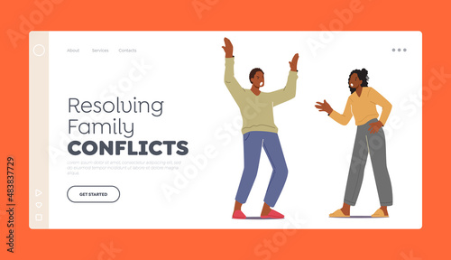 Resolving Family Conflict Landing Page Template. Couple Fighting, Man and Woman Quarreling, Scolding. Scandal