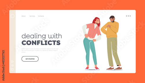 Dealing with Conflicts Landing Page Template. Angry People Fighting. Young Family Quarrel and Swear, Scandal