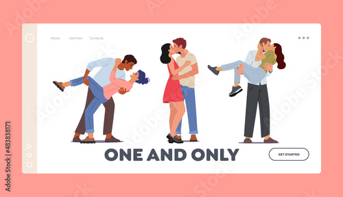 Happy Loving Couple Kissing Landing Page Template. Men and Women Characters Spend Time Together Hugging and Rejoice