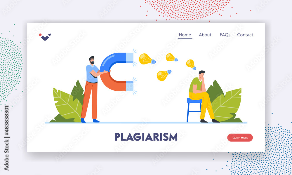Plagiarism Landing Page Template. Pirate Character Steal Creative Ideas From Man. Thief Pirating, Attract Lightbulbs